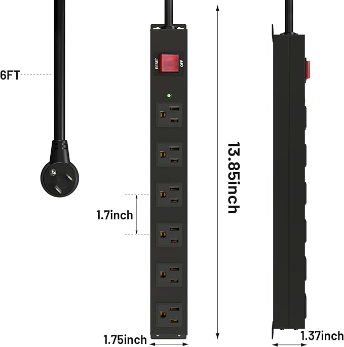 KF Matel 6 Outlet Power Strip Surge Protection 2100J, Heavy Duty Wide Space Power Strip with Flat Plug, 14AWG 6FT Extension Cord for Home, Garage, Shop-DeskLoop Office