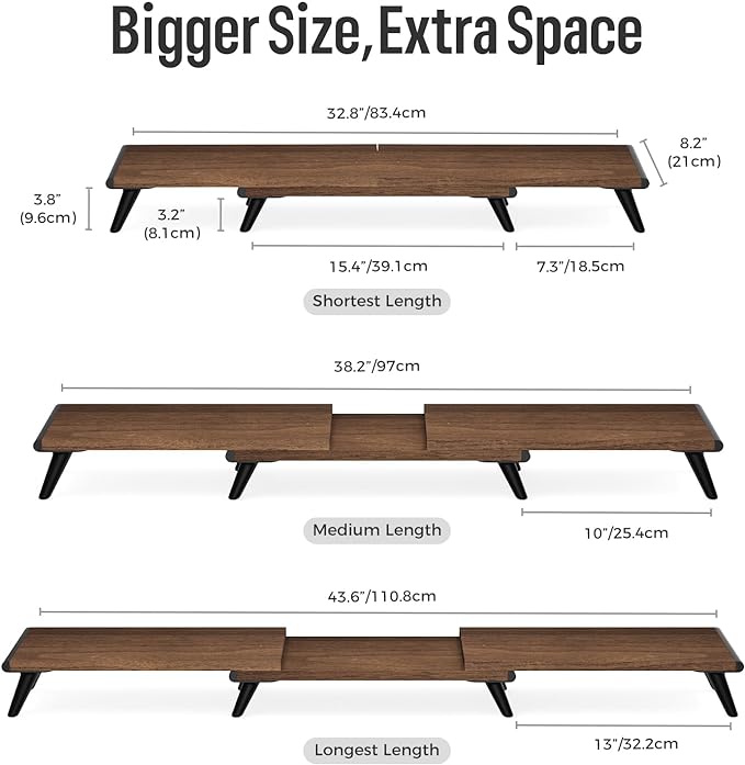 loukin Dual Monitor Stand Riser for Desk, 43.6"*8.2"*3.2" Large Computer Stand for 2 Monitors, Laptop, Printer, Length and Angle Adjustable Computer Shelf, Home Office,Max 43.6" Length(Brown)-DeskLoop Office