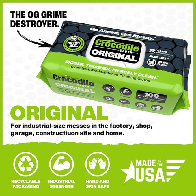 Crocodile Cloth Original Cleaning Wipes, 600 Count (6 Packs of 100) – Heavy-Duty 15” x 10” Multi-Surface Shop Wipes, Water-Based, Safe on Skin, Cuts Grease, Grime & Dirt-DeskLoop Office