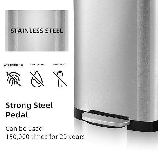 KUK 13 Gallon/50L Stainless Steel Kitchen Trash Can with Lid and Step Pedal-Large Capacity Garbage Bin with Odor Seal, Silent Close Lid, Removable Inner Bucket for Home, Kitchen, Bedroom, Silver-DeskLoop Office