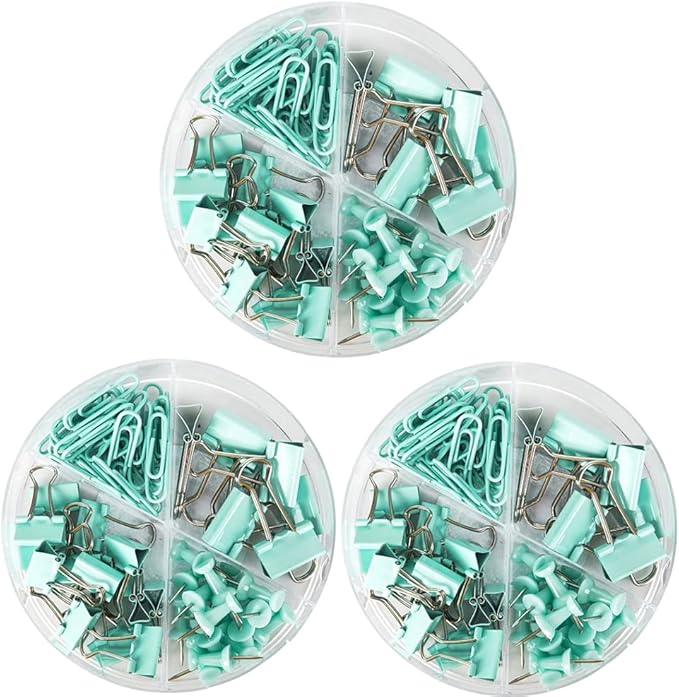 Paper Clips and Binder Clips Set, Metal Assorted Sized Binders with Push Pins, Cute Office Supplies for Desk, Desk Accessories (Green Set of 3)-DeskLoop Office