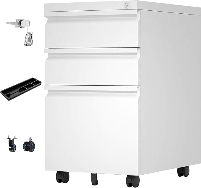 Aobabo 3 Drawer File Cabinet with Lock,Metal Filing Cabinet with Wheels for Home Office & Business Enterprise, Legal/Letter Size, Fully Assembled Except Wheels, White-DeskLoop Office