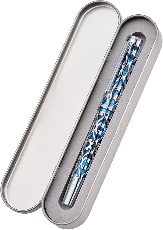 Hongdian D1 Piston Fountain Pen Fine Soft Nib, Silver Blue Hollow Skeleton & Resin Pen with Metal Case Set-DeskLoop Office