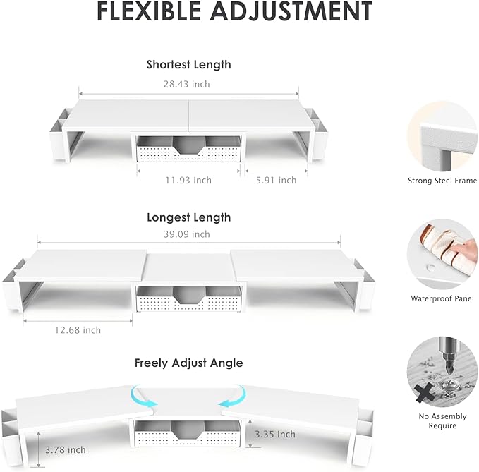 White Dual Monitor Stand Riser, Metal Desk Organizers and Accessories with Drawer and 2 Pen Holders, Computer Monitor Stand for Desk-DeskLoop Office
