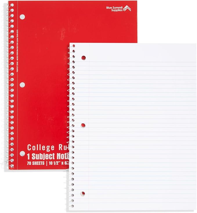 Blue Summit Red Spiral Notebooks Bulk, One Subject Spiral Notebook College Ruled, Perforated Notebook, 8 x 10.5 for Work and School, Paper, College Ruled, Bulk 48 Pack-DeskLoop Office