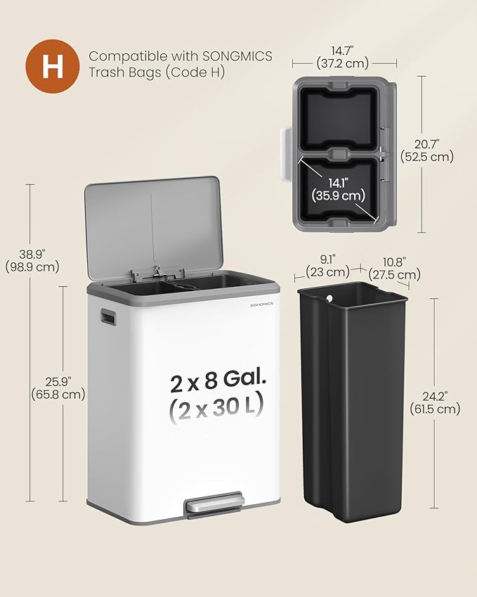 SONGMICS Trash Can, 2 x 8 Gallon (2 x 30 L) Double Garabge Can for Recycling and Waste, Stainless Steel, Soft-Close Lid, Inner Buckets, Wide Sturdy Pedal, Cloud White ULTB556W01-DeskLoop Office