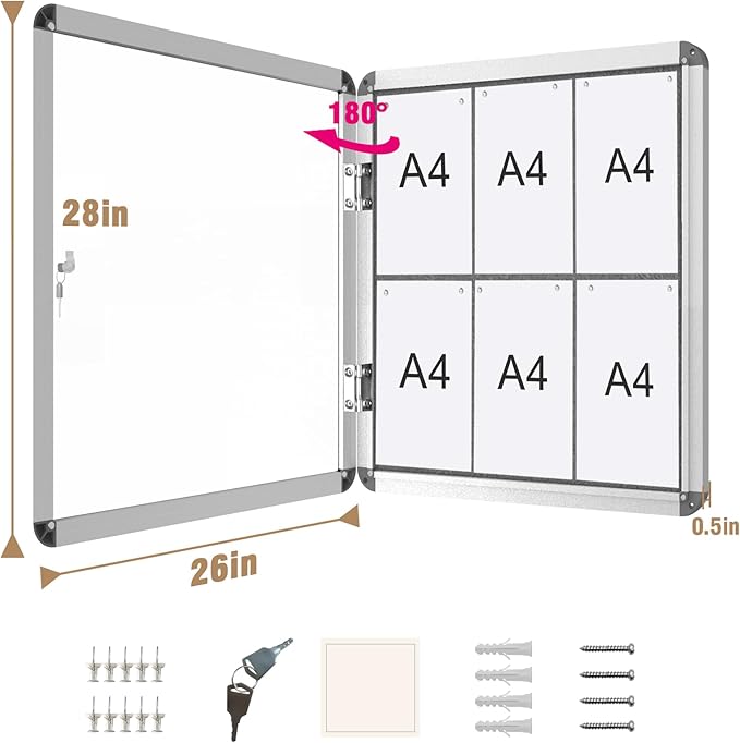 28"x26" Enclosed Bulletin Board, Lockable Weather-Resistant Aluminum Cork Noticeboard for School & Office, Silver Frame w/Grey Flet-DeskLoop Office