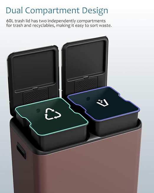 16 Gal (2 x 30 L) Dual Trash Can, Stainless Steel Kitchen Garbage Bin, Recycle Dustbin with Odor Control Box, Soft-Close Lid, Inner Buckets, Side Handle, Step Pedal, for Home Office-DeskLoop Office
