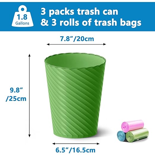 Bathroom Trash Can, 3 Pack 1.8 Gallons Small Trash Can with Trash Bags, Bathroom Garbage Can, Plastic Trash Bin, Round Waste Basket for Bedroom, Office, Compact Space (Pink Purple Green)-DeskLoop Office