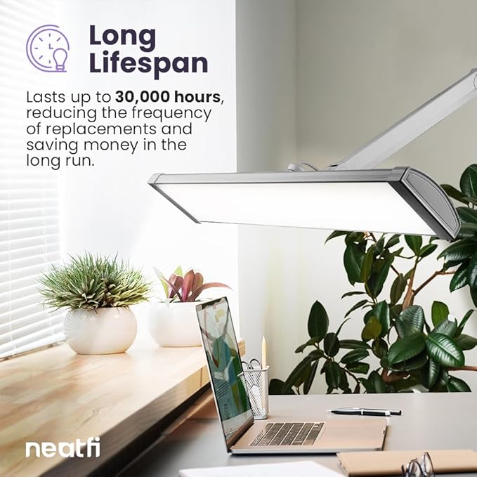 Neatfi Ultra 3,500 Lumen LED Desk Lamp, 45W, 26-Inch Wide Metal Shade, 270 SMD LEDs (Non-CCT with Clamp, Silver)-DeskLoop Office