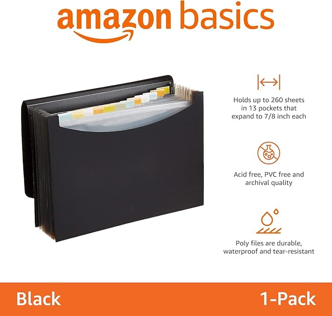 Amazon Basics Expanding Organizer File Folder, Letter Size - Black, 1-Pack-DeskLoop Office