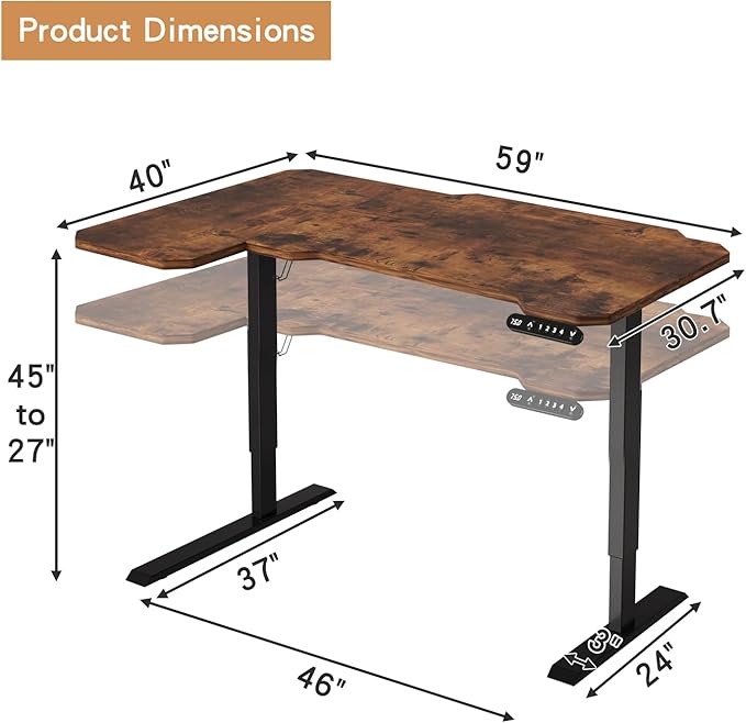 Electric Height Adjustable Standing Desk, 59 L-Shaped Sit - Stand Desk for Work or Home Office Push Button Memory Settings Brown Splice Board/Black Frame-DeskLoop Office