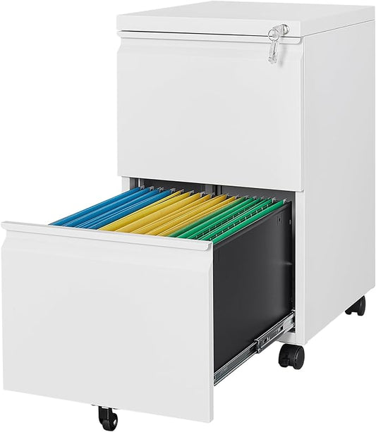 Letaya 2 Drawer Mobile File Cabinet with Lock,Under Desk Metal Filing Cabinets for Home Office Organizer Letters/Legal/A4(White-Requires Installation)-DeskLoop Office
