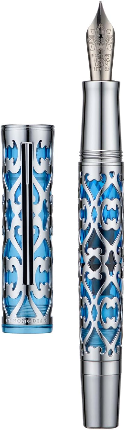 Hongdian D1 Piston Fountain Pen Fine Soft Nib, Silver Blue Hollow Skeleton & Resin Pen with Metal Case Set-DeskLoop Office