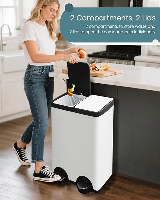 60L Dual Compartment Stainless Steel Trash Can, 16 Gallon White Kitchen Garbage Bin with Silent Sealed Lids, Pedal & Recyclable Waste Bins for Home/Office-DeskLoop Office