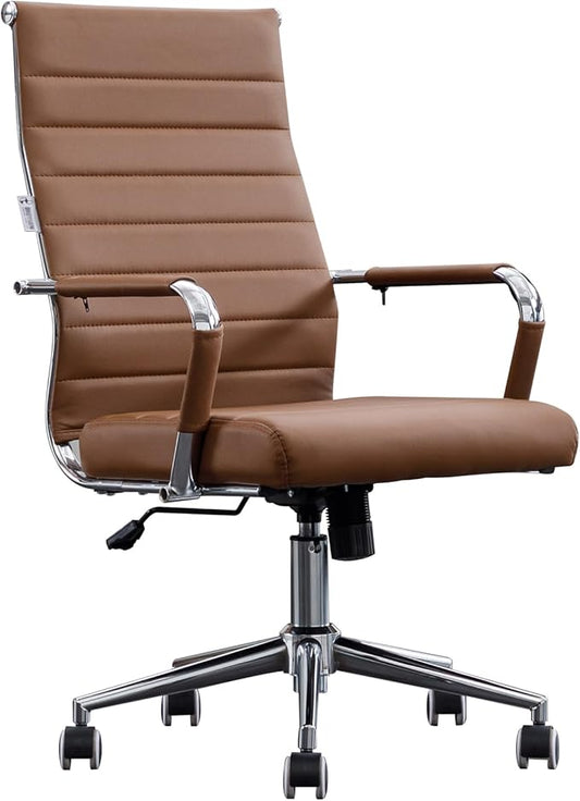 Home Office Chair Ribbed, Modern Leather Conference Waiting Room Chairs,Ergonomic Office Desk Chair, High Back Executive Computer Chair, Adjustable Swivel Chair with Arms (Brown)-DeskLoop Office