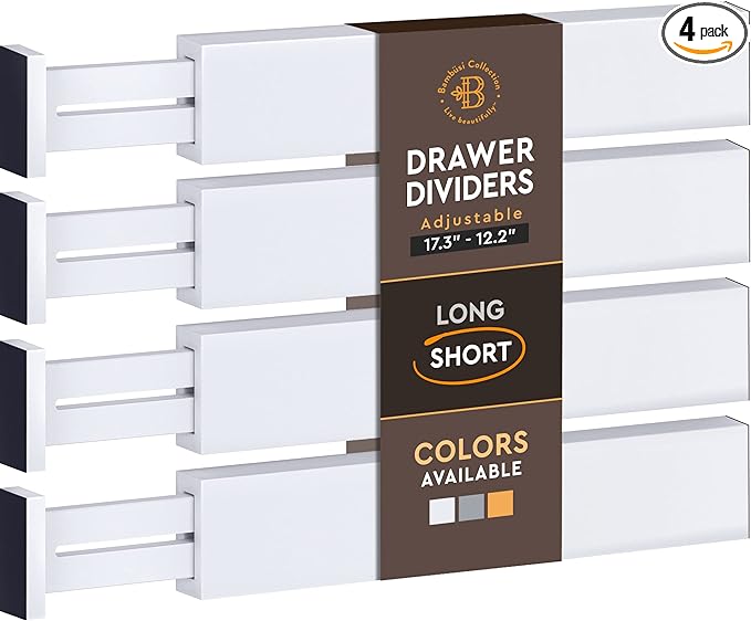 4 Pack Drawer Dividers Bamboo 2.6" High, 12.5"-17" Adjustable Drawer Organizers for Clothes, Expandable Dresser Separators in Bedroom/Bathroom/Kitchen/Office Organization and Storage (White)-DeskLoop Office