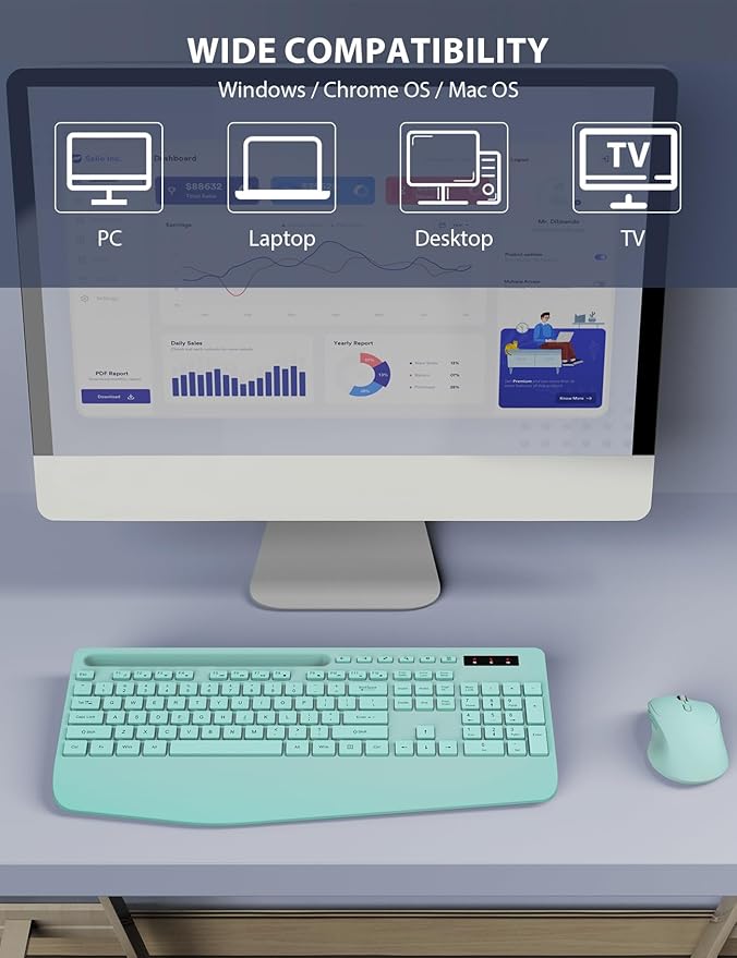 Wireless Keyboard and Mouse Combo - Full-Sized Ergonomic Keyboard with Wrist Rest, Phone Holder, Sleep Mode, Silent 2.4GHz Cordless Keyboard Mouse Combo for Computer, Laptop, PC, Mac, Windows (Green)-DeskLoop Office