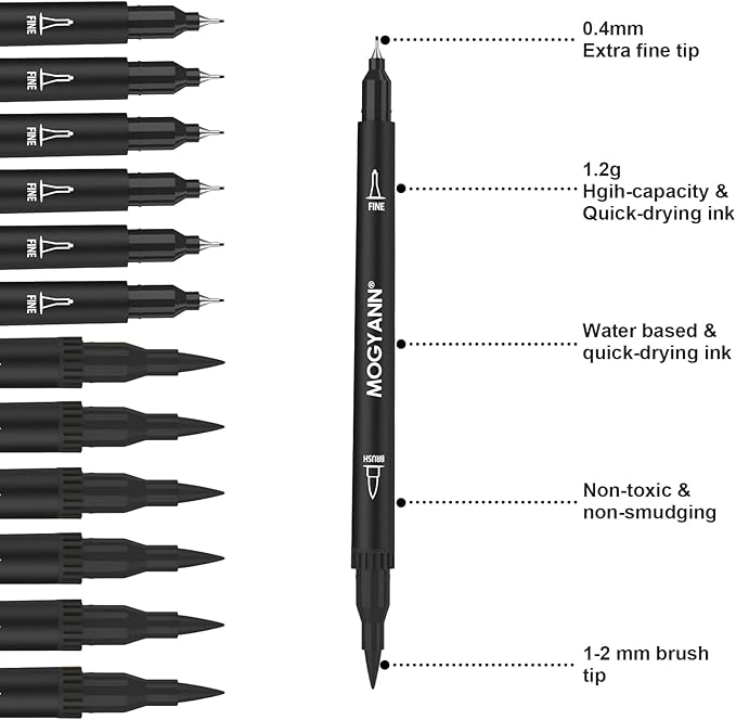 Mogyann Drawing Pens, 12 Pack Dual Brush Pens Black Markers for Art Drawing Sketching-DeskLoop Office
