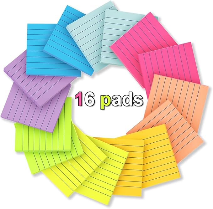 (16 Pack) Lined Sticky Notes 3x3 in Ruled Stickies Super Sticking Power Memo Pads Bright Colors-DeskLoop Office