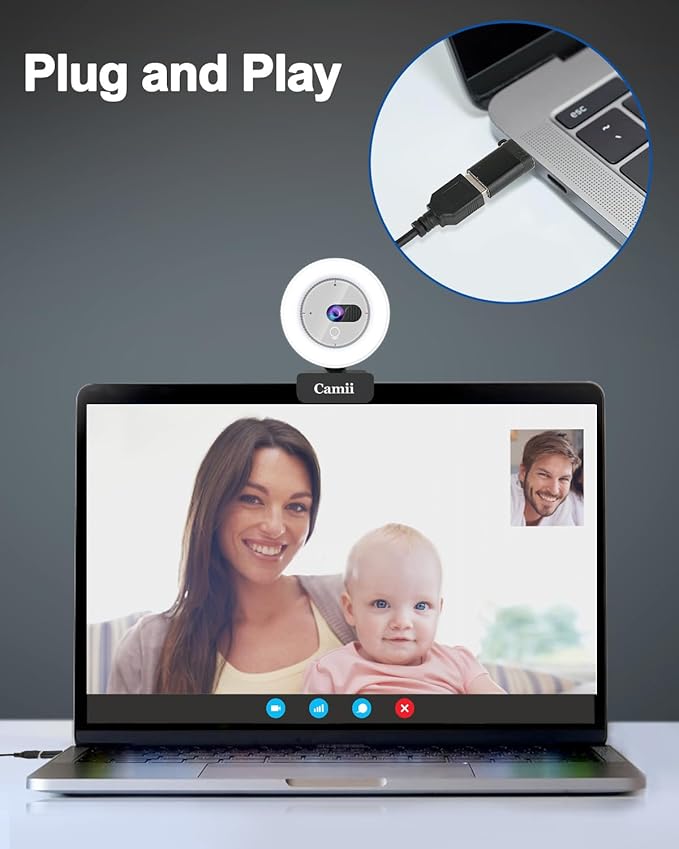 2K Webcam with Light, HD Webcam for PC with Built-in Privacy Cover, Adjustable Brightness, Noise Reduction Mics, for Zoom Skype Teams Laptop and Google Meet-DeskLoop Office