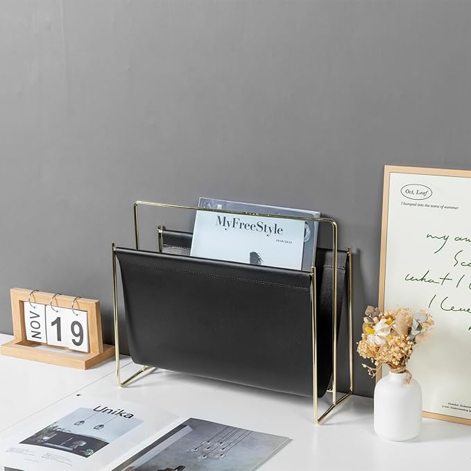 MyGift 15-Inch Modern Black Leatherette & Brass Plated Metal Magazine Holder – Floor Standing Faux Leather Sling Style Newspaper Rack for Home, Bathroom, Office Decor-DeskLoop Office