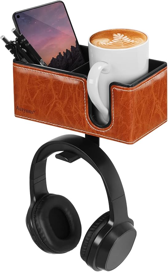 Desk Cup Holder Clip on Pen Holder Headphone Hanger Headset Stand Rotatable Clamp Hook Under Desk (Light Brown)-DeskLoop Office