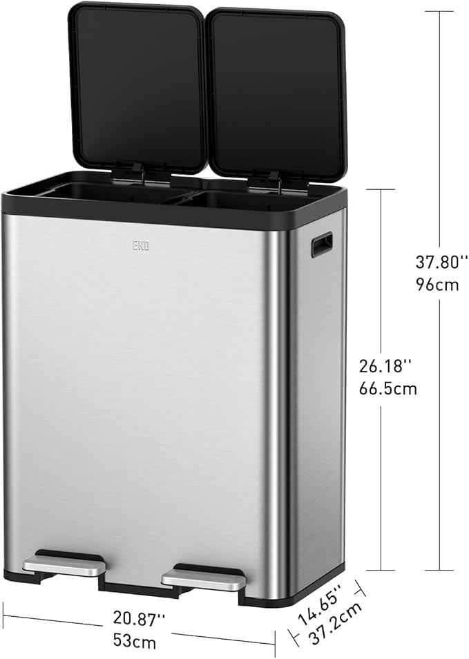EKO Essential 8+8 Gallon Dual Trash Can, Kitchen Step Recycle Trash Can with Dual Removable Bucket, Independent Lids and Pedals, Brushed Stainless Steel-DeskLoop Office