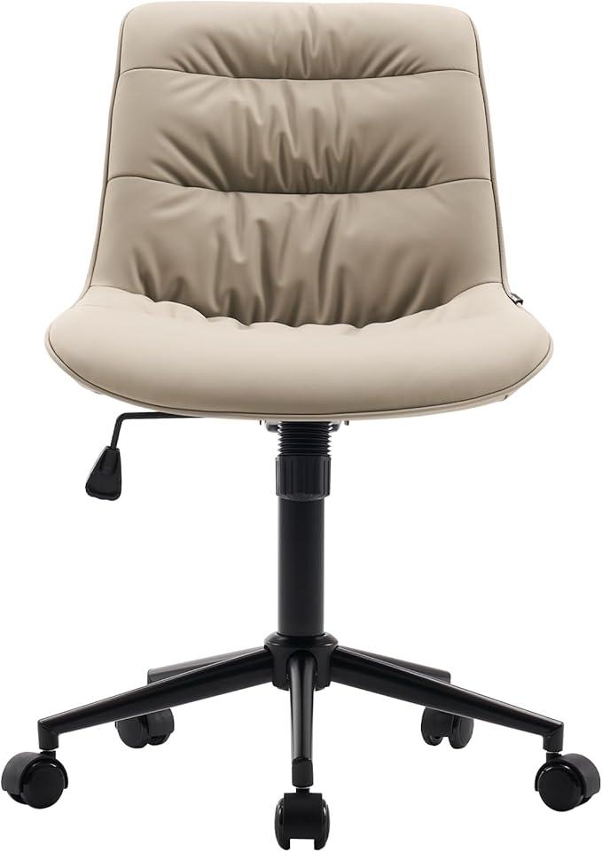Kidol & Shellder Faux Leather Office Chair, Adjustable Swivel Height Task Chair, Rolling Wheels & Soft Backrest - Armless Ergonomic Desk Chair for Home, Office,Vanity,Gaming(Khaki)-DeskLoop Office