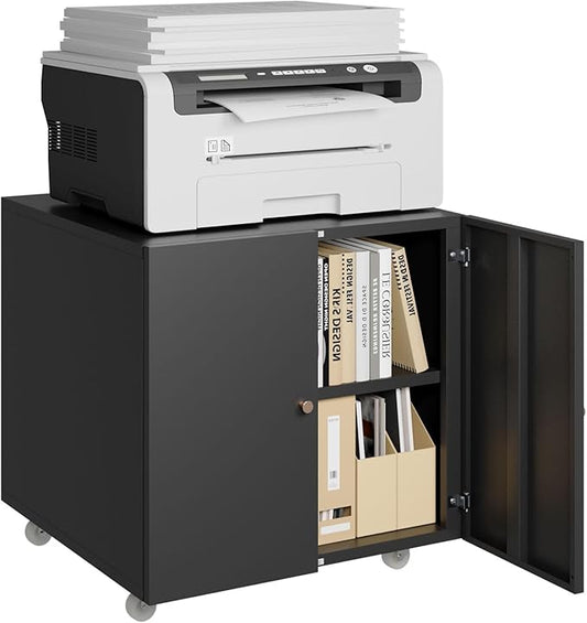 Printer Stand with Storage, 3D Heavy Duty Printer Table with Shelves, Large Printer Table for Home Office, Black Printer Stand on Wheels with Doors, Metal Fax Machine Stand for Workplace-DeskLoop Office