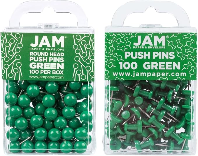 JAM PAPER Colorful Push Pins - Flat & Round Head Thumb Tack Combo Set - Green Pushpins - 200/Pack-DeskLoop Office