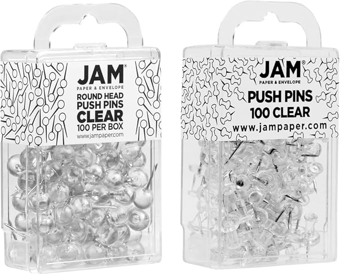 JAM PAPER Colorful Push Pins - Flat & Round Head Thumb Tack Combo Set - Clear Pushpins - 200/Pack-DeskLoop Office