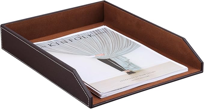 KINGFOM Letter Tray, PU Leather Paper Organizer Tray for Desk, Paper Organizer Storage Holder for Office Home or School A4 Size Brown-DeskLoop Office