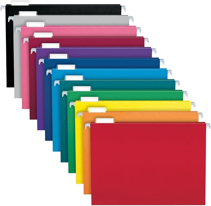 Pendaflex Colored Hanging File Folders Letter Size with 1/5 Cut Adjustable Tabs, 8.5 X 11-100 Pack of 12 Assorted Colors-DeskLoop Office