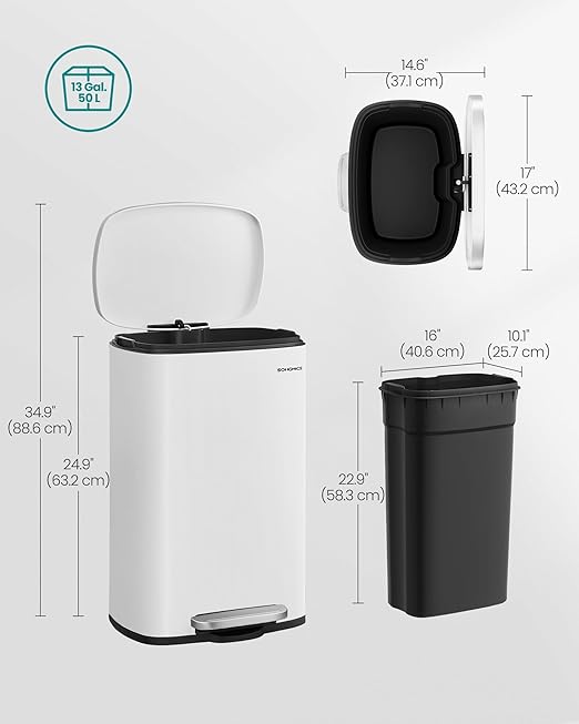 SONGMICS 13 Gallon (50 L) Trash Can, Stainless Steel Kitchen Garbage Can, Recycling or Waste Bin, Soft Close, Step-On Pedal, Removable Inner Bucket, White ULTB050W01-DeskLoop Office