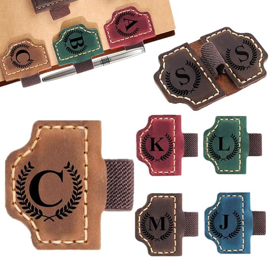 Custom Bookmark with Pen Holder with 26 Letters Personalized Magnetic Leather Book Mark, Customized Name Book Marker Clip with Initial for Men Women, Gifts for Book Lovers, Readers, (Brown, C)-DeskLoop Office