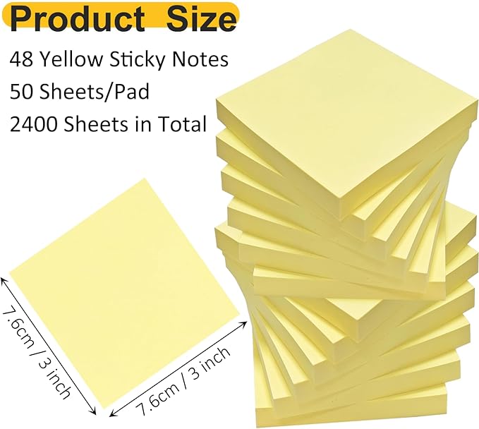 48 Pack 2400 Sheets Sticky Notes 3x3 Inches Bulk Colored Posted Notes Yellow Notes Stickies Note Pads for Office, School, and Home Supplies, 50 Sheets/pad-DeskLoop Office