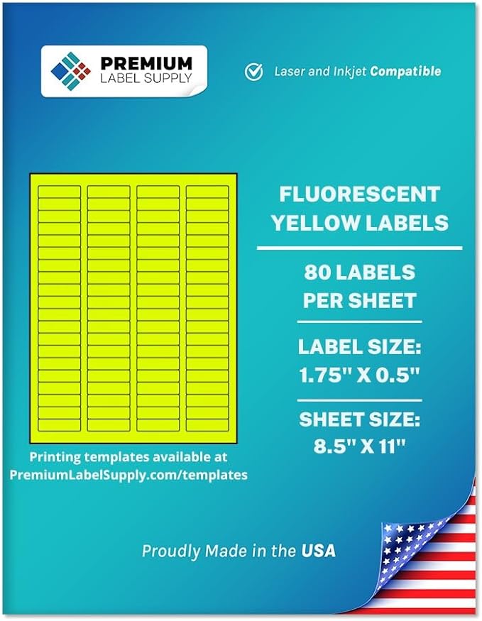 Premium Label Supply Bright Neon Color Fluorescent Sticker Labels - 1.75" x 0.5" Return Address Labels - (Fluorescent Yellow, 8000 Labels)