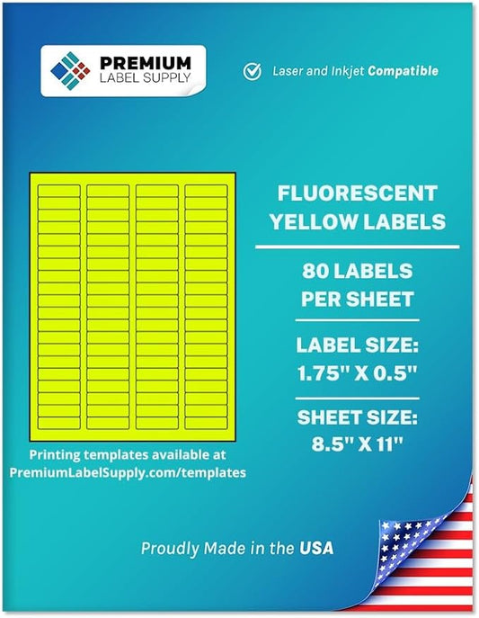 Premium Label Supply Bright Neon Color Fluorescent Sticker Labels - 1.75" x 0.5" Return Address Labels - (Fluorescent Yellow, 8000 Labels)-DeskLoop Office