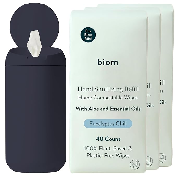 Biom Mini Dispenser + Hand Sanitizing Wipes Starter Kit - Eucalyptus Scented, Biodegradable, Kid-Safe | Fits in Cup Holder | All Natural, Plant-Based Non-Toxic Wipes with Aloe for Soft Skin (Midnight)-DeskLoop Office