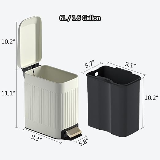 Small Bathroom Trash Can with Lid Soft Close-6L/1.6 Gal Slim Step Garbage Can-Metal Pedal Wastebasket-Narrow Rectangle Garbage Container Bin for Corner Office, Bedroom, Toilet, Live Room-Beige-DeskLoop Office