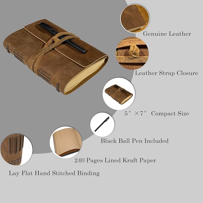 Brown Notebook Journal - Best Genuine Cool Leather Journals for writers Small Size Diary 5.5x7.5 Inch, Notepad For Man and Women, Gifts,Work,Traveler,Personal-DeskLoop Office