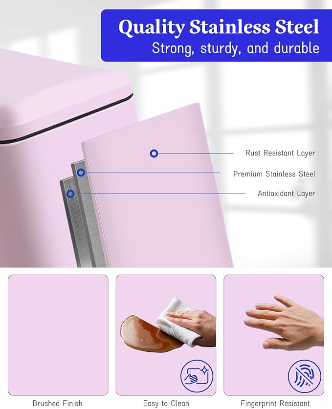 8 Gallon Step On Trash Can with Soft-Close Lid, Stainless Steel Garbage Can Fingerprint Resistant with Removal Inner Bucket, Modern Pink Trash Can for Home, Kitchen, Laundry Room, Office, Bathroom-DeskLoop Office