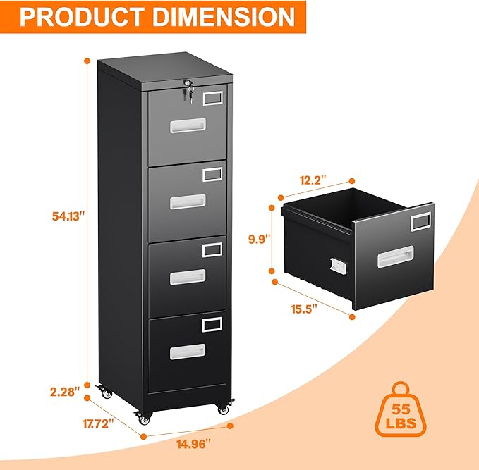 Aobabo 56" H 4 Drawer Moblie File Cabinet with Lock, Metal File Cabinet for Home Office with Wheels, Storage Legal/Letter A4 Size, Black, Assembly Required-DeskLoop Office