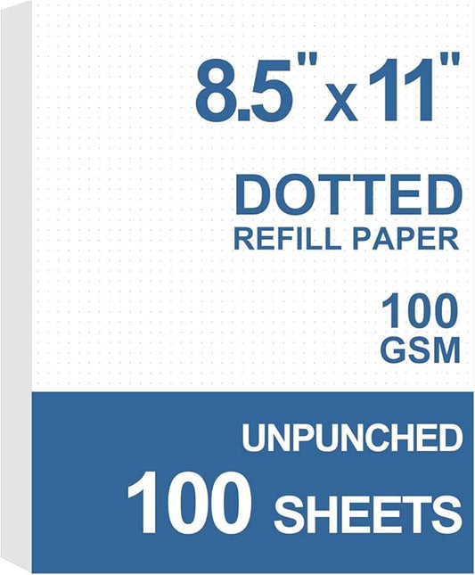 Unpunched Refills Paper, Letter Size Loose Leaf Paper for Ring Binder/Discbound Notebook Planner Inserts, 100 Sheets/200 Pages, White, Dot Grid, 8.5 X 11 Inch-DeskLoop Office