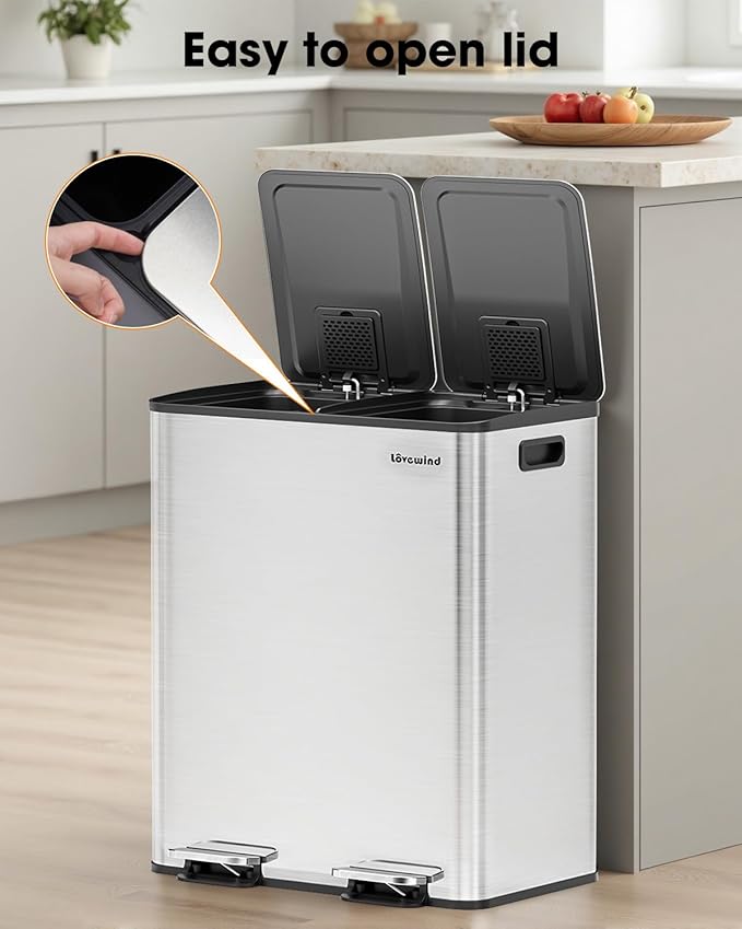 Lovewind Kitchen Trash Can, 2 x 8 Gallon (2 x 30 L) Stainless Steel Trash and Recycle Bin Combo with Soft-Close Lid, Dual Compartment Recycling Kitchen Step Trash Bin, Silver-DeskLoop Office