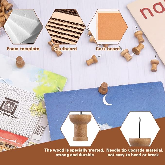 50 Pcs Wooden Push Pins, Decorative Thumb Tacks, Push Pins for Cork Board Head Pin Wood Map Tacks Marking Pin, Wood Thumb Tacks Decorative for Bulletin Boards Craft Projects with Storage Box, Coffee-DeskLoop Office