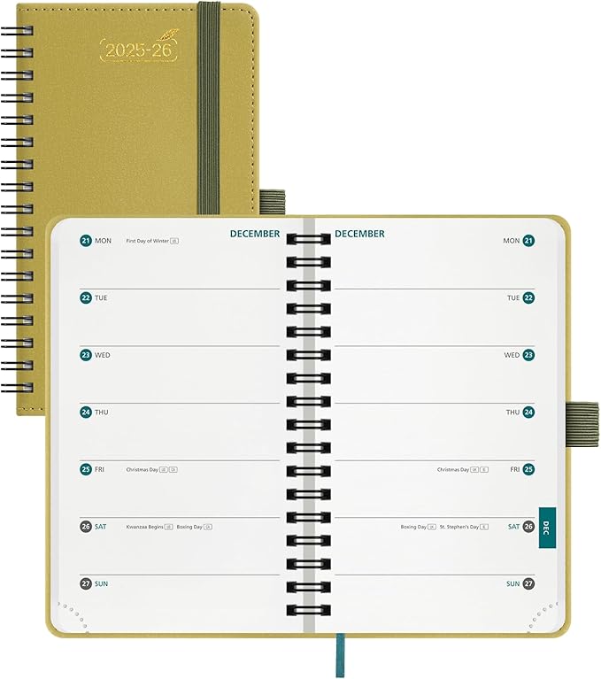 BEZEND Pocket Planner 2025-2026 Weekly with 2 Columns, 18-Month Academic Calendar (Jul 25-Dec 26), Life Work App., Storage Pocket, Pen Holder, PU Leather Softcover 3.5" x 6" Spiral - Mustard-DeskLoop Office