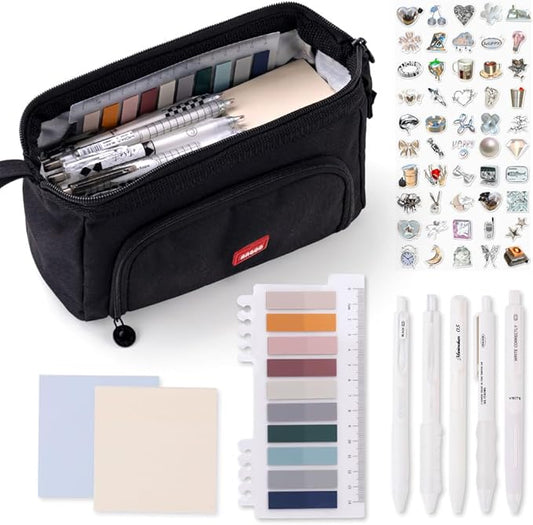 HVOMO Stationery Set,1 large-capacity pencil case,5 quick-drying pens,50 waterproof stickers,2 sticky note pads(200 sheets),1 set of 10-color index labels (200 sheets),Student stationery gift (Black)-DeskLoop Office