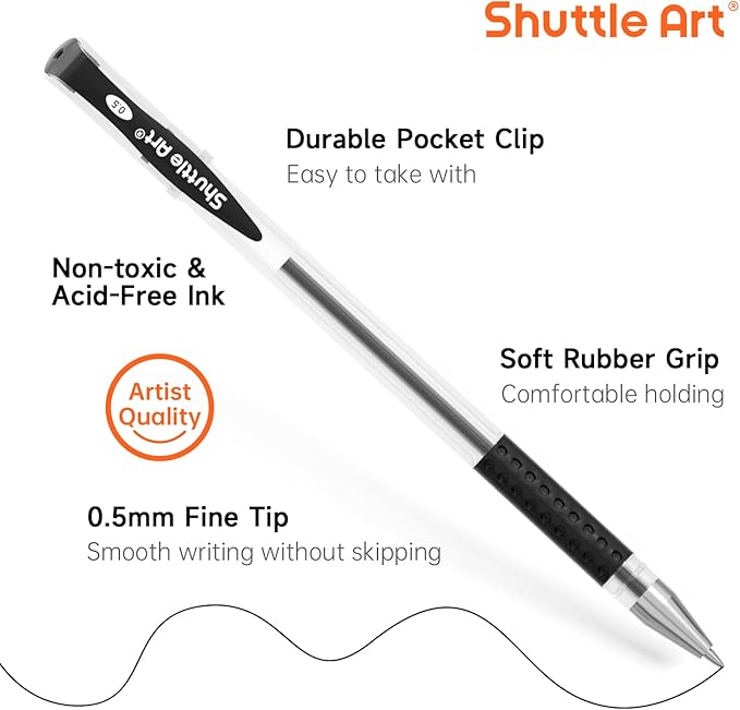 Shuttle Art Black Gel Pens, 100 Pack Fine Point Black Ink Pens Bulk, 0.5mm Rollerball Gel Ink Pens Smooth Writing with Comfortable Grip for Office, School and Home-DeskLoop Office